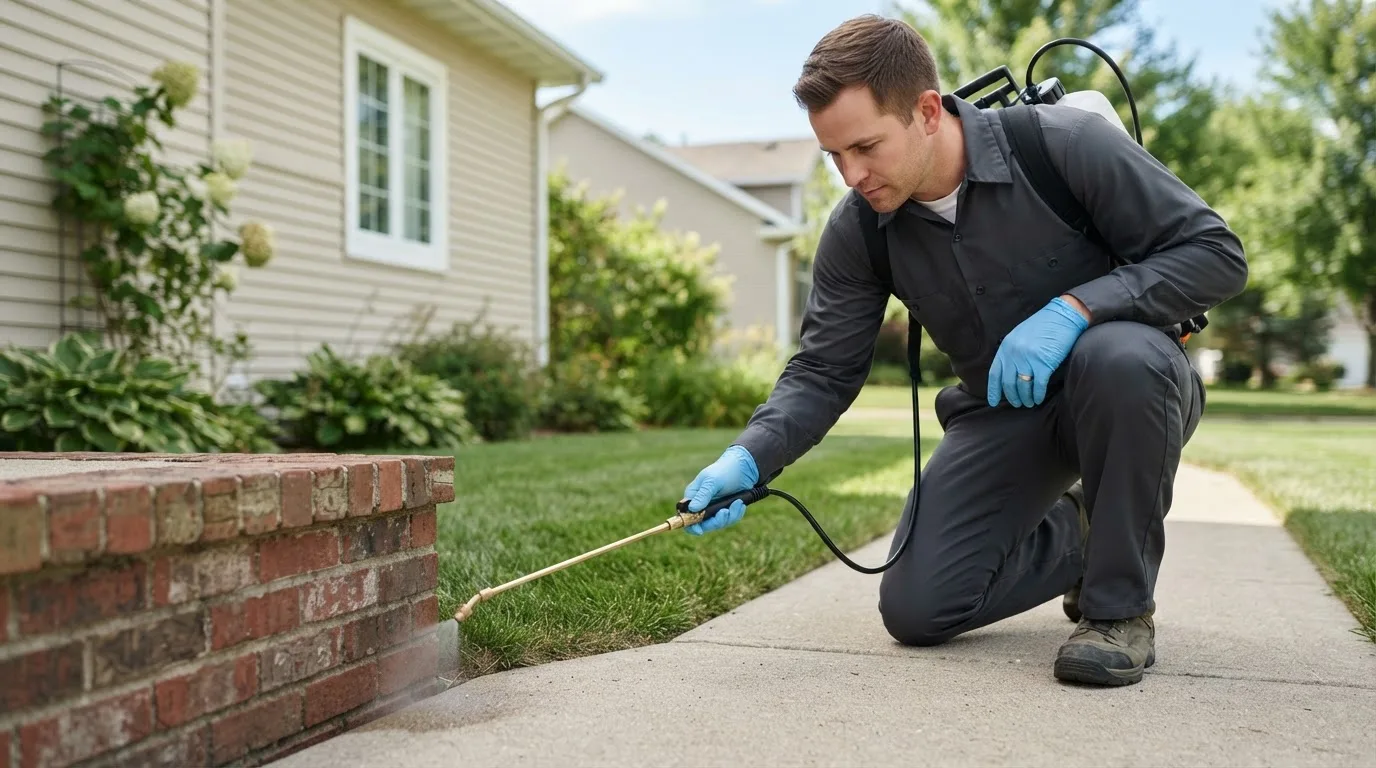 Pest control technician treating a home near Attleboro Falls, MA