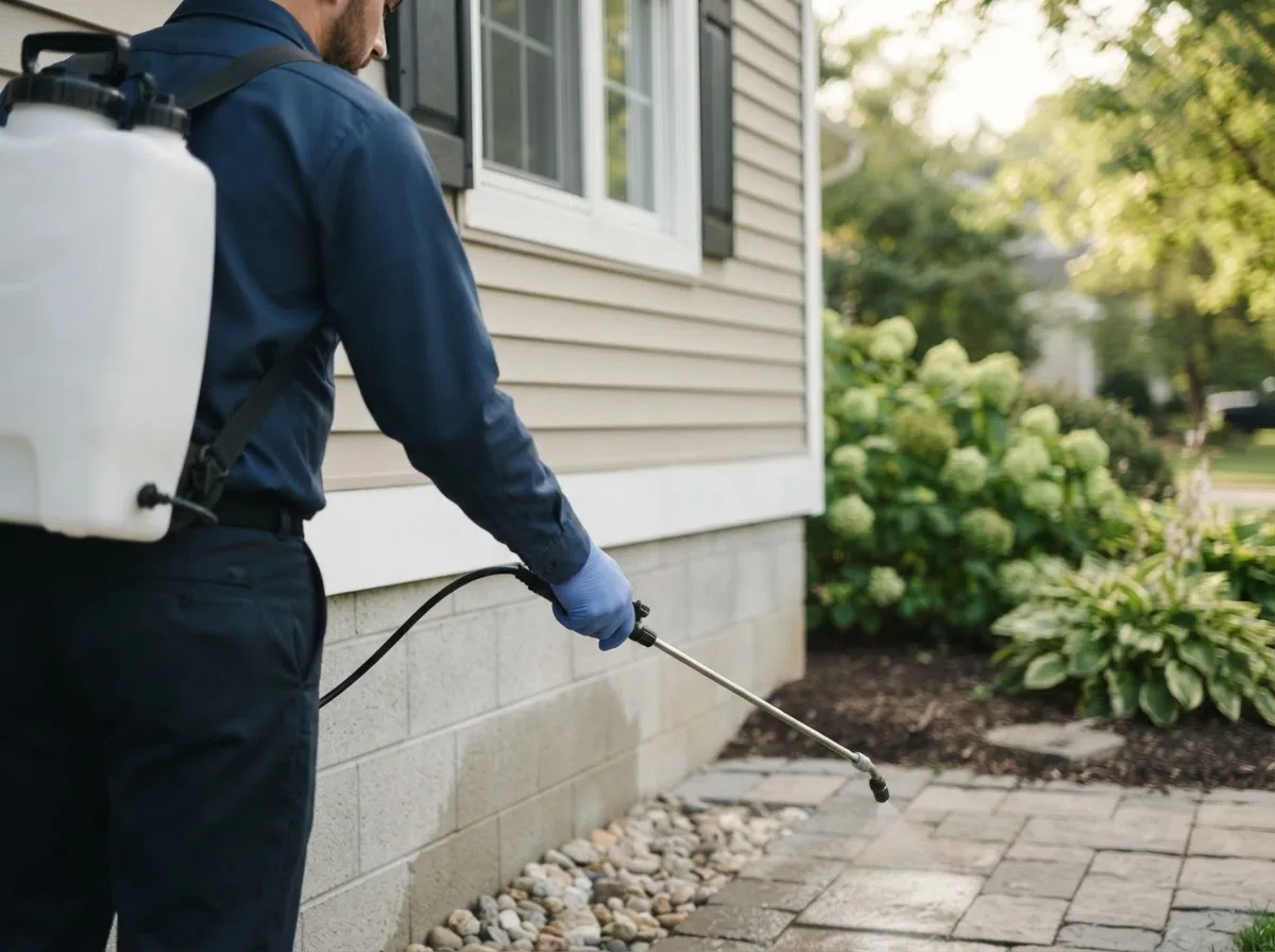 Pest control technician inspecting a home in Attleboro Falls, MA